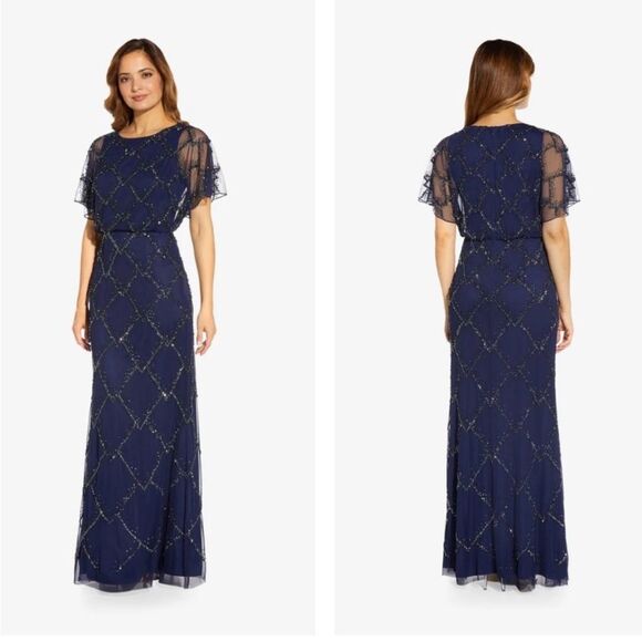 NWT Adrianna Papell | Hand Beaded Blouson Long Gown Flutter Sleeves Navy Blue 2 - Picture 1 of 8